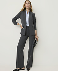 A woman in a grey pantsuit stands against a plain white background, holding a black clutch. carousel Product Image 4