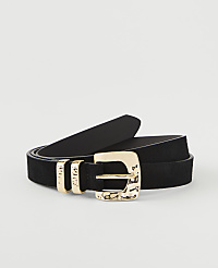 A black suede belt with a hammered gold buckle and three gold loops rests on a plain white background. carousel Product Image 1