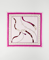 A pink and white patterned scarf with chain and belt motifs is laid flat against a white background. carousel Product Image 4