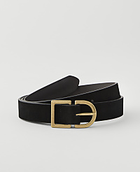 A black suede belt with a brass buckle lies coiled on a plain white background. carousel Product Image 1