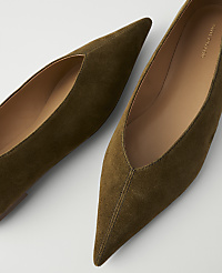 Two olive green suede pointed-toe flats are arranged on a white background. carousel Product Image 2