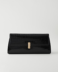 A glossy black crocodile-embossed clutch with a gold clasp rests on a plain white background. carousel Product Image 1