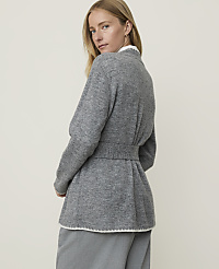 A woman in a grey belted cardigan stands against a plain, light-colored background. carousel Product Image 2