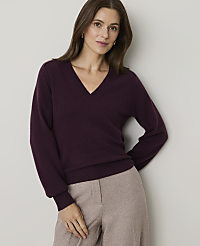 A woman in a plum v-neck sweater and beige pants stands against a plain gray background. carousel Product Image 1