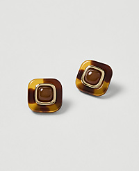 Two square tortoiseshell earrings with brown gem centers rest on a plain, light gray background. carousel Product Image 1