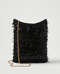 A black sequined fringe bag with a gold chain strap rests against a plain white background. carousel Product Image 1