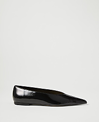 A glossy black pointed-toe flat shoe rests on a plain white background. carousel Product Image 1