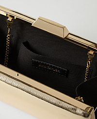 A gold clutch with a textured exterior and a black interior featuring an Ann Taylor label is presented against a plain white background. carousel Product Image 2