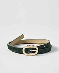 A dark green, textured belt with a gold oval buckle lies coiled on a plain white background. carousel Product Image 1