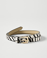A thin, zebra-print belt with a gold buckle lies coiled on a plain white background. carousel Product Image 1