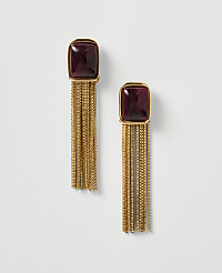 A pair of gold fringe earrings with deep red square gems hang against a plain white background. carousel Product Image 1