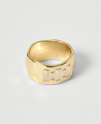 A gold ring with five baguette-cut diamonds is centered on a plain white background. carousel Product Image 1