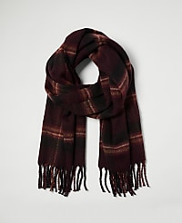 A burgundy plaid scarf with fringe hangs against a plain white background. carousel Product Image 1