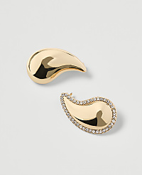 Two gold paisley-shaped earrings, one plain and the other encrusted with small diamonds, rest on a plain white background. carousel Product Image 1