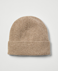 A ribbed, tan beanie with a folded brim rests on a plain, light gray background. carousel Product Image 1