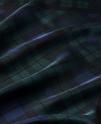 Draped folds of dark green and blue plaid fabric create a textured landscape of light and shadow. carousel Product Image 2