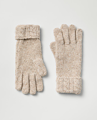 A pair of beige knitted gloves lies flat against a plain light gray background. carousel Product Image 1