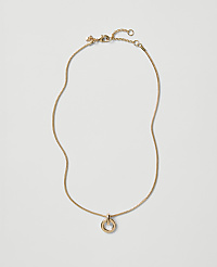 A gold chain necklace with a circular pendant rests on a plain light gray background. carousel Product Image 1