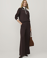 A woman wearing a dark brown two-piece outfit and holding a brown handbag stands against a plain white background. carousel Product Image 1