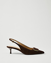 A brown suede slingback heel with a gold buckle sits against a plain light gray background. carousel Product Image 1