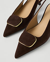 A pair of brown suede pointed-toe slingback heels with gold-trimmed buckles rests on a plain white background. carousel Product Image 2