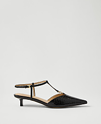 A black croc-embossed pointed-toe kitten heel with an ankle strap sits against a plain, light gray background. carousel Product Image 1