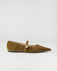 A brown suede pointed-toe flat with a gold buckle strap sits against a plain, light grey background. carousel Product Image 1