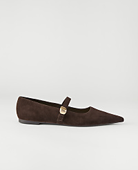 A brown suede pointed-toe flat shoe with a gold buckle sits centered against a plain, light gray background. carousel Product Image 1