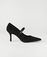 A black suede pointed-toe pump with a gold buckle strap sits against a plain, light grey background. carousel Product Image 1
