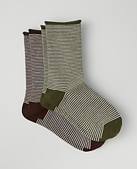 Three pairs of striped socks in olive, burgundy, and dark brown are layered against a plain light gray background. carousel Product Image 1