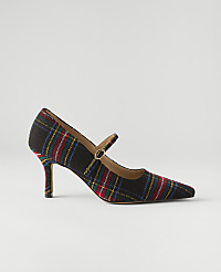 A plaid high-heeled pump with a strap sits centered against a plain, light gray background. carousel Product Image 1