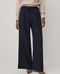 A person wearing a beige sweater and wide-leg navy blue trousers stands against a plain, light-colored background. carousel Product Image 2