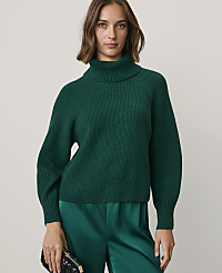 A woman wearing a dark green ribbed turtleneck sweater and matching satin trousers stands against a plain, light-colored background. carousel Product Image 1
