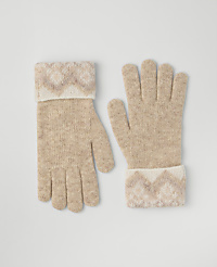 A pair of beige knitted gloves with patterned cuffs rests on a plain light gray background. carousel Product Image 1