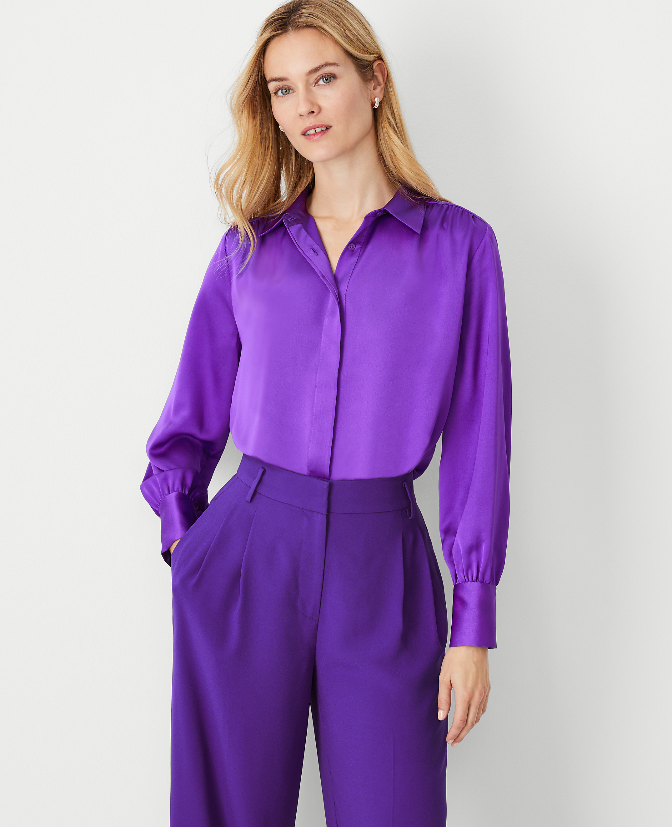 Collared Shirred Yoke Button Down Shirt