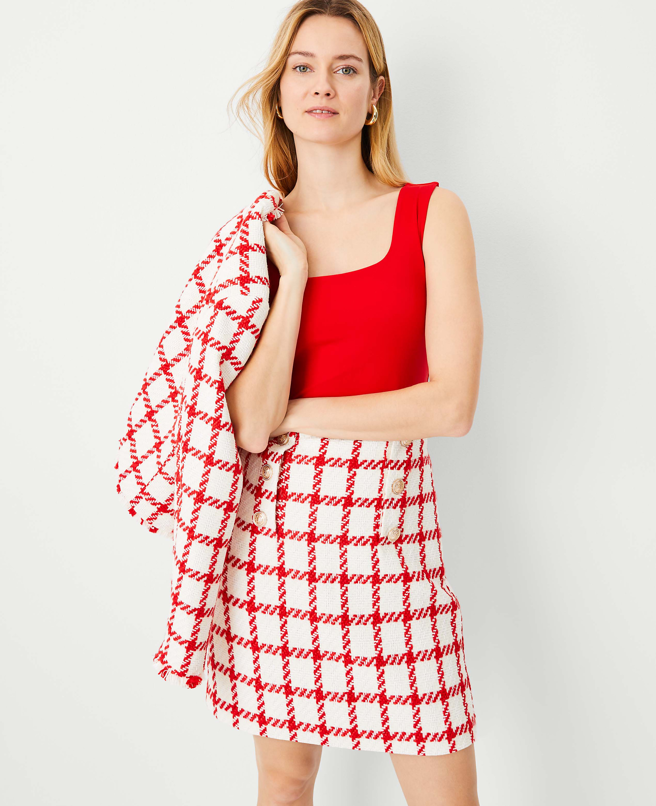 Plaid Tweed Button A-Line Skirt