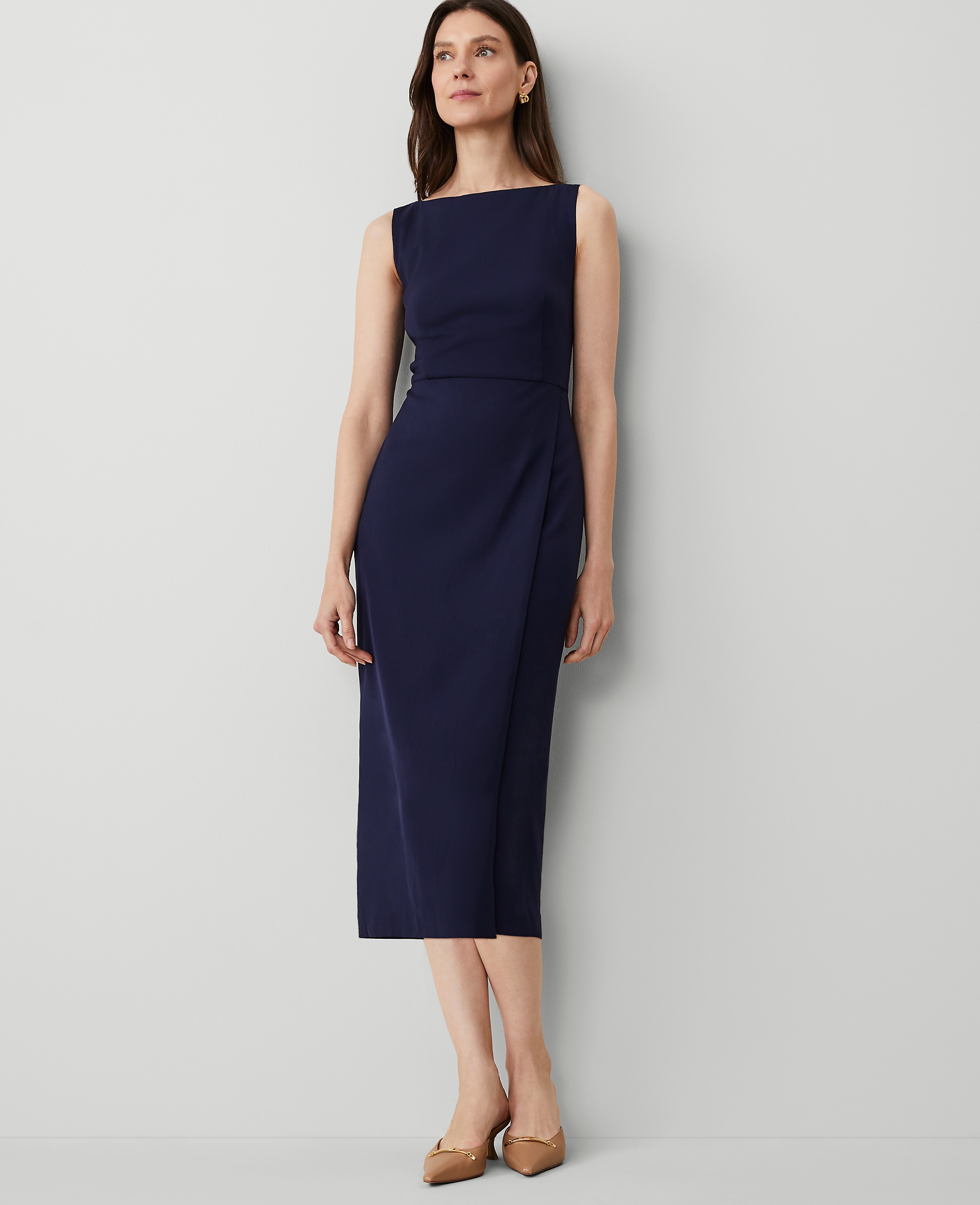 The Petite Boatneck Wrap Sheath Dress in Textured Drape