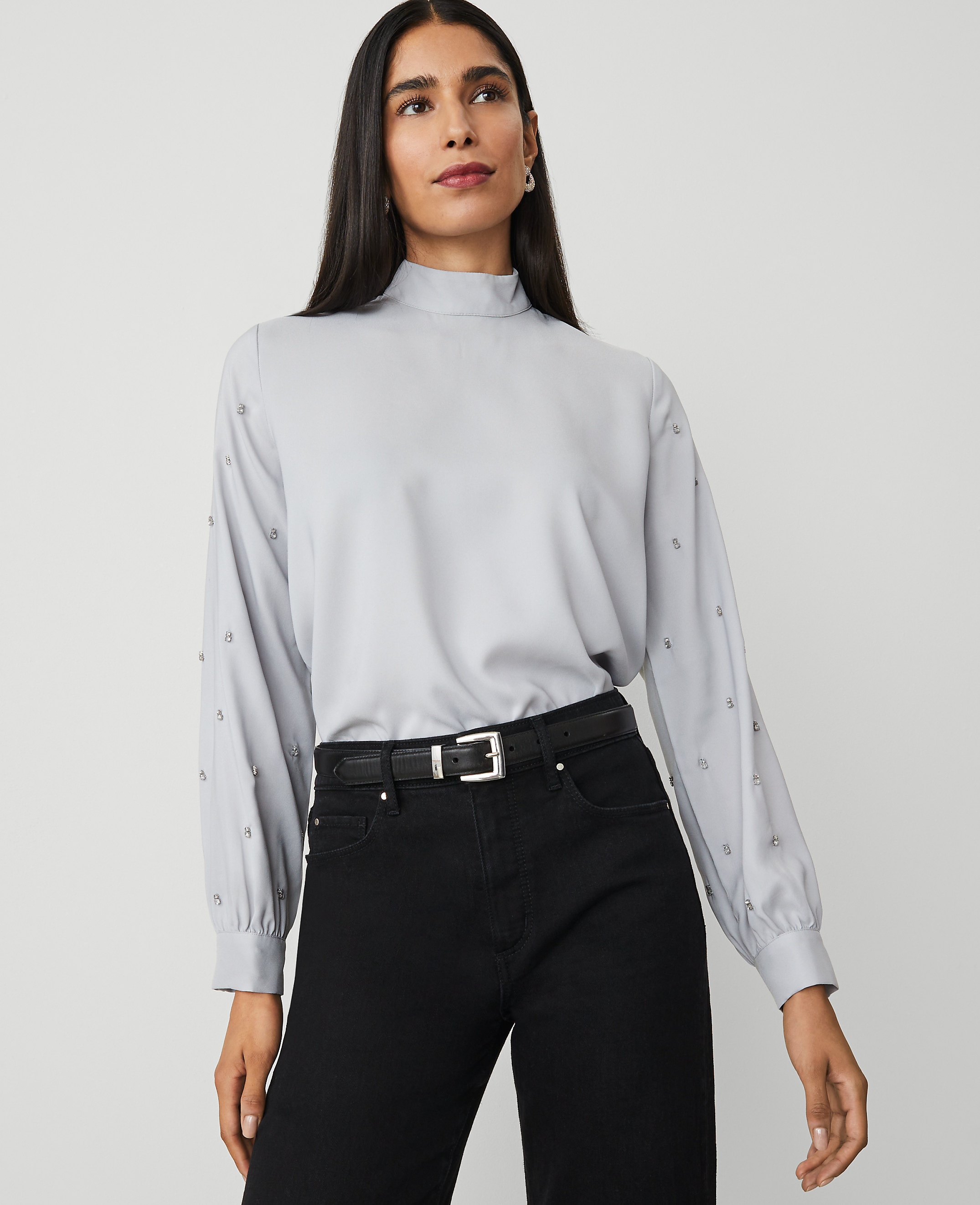 Embellished-Sleeve Mock-Neck Top