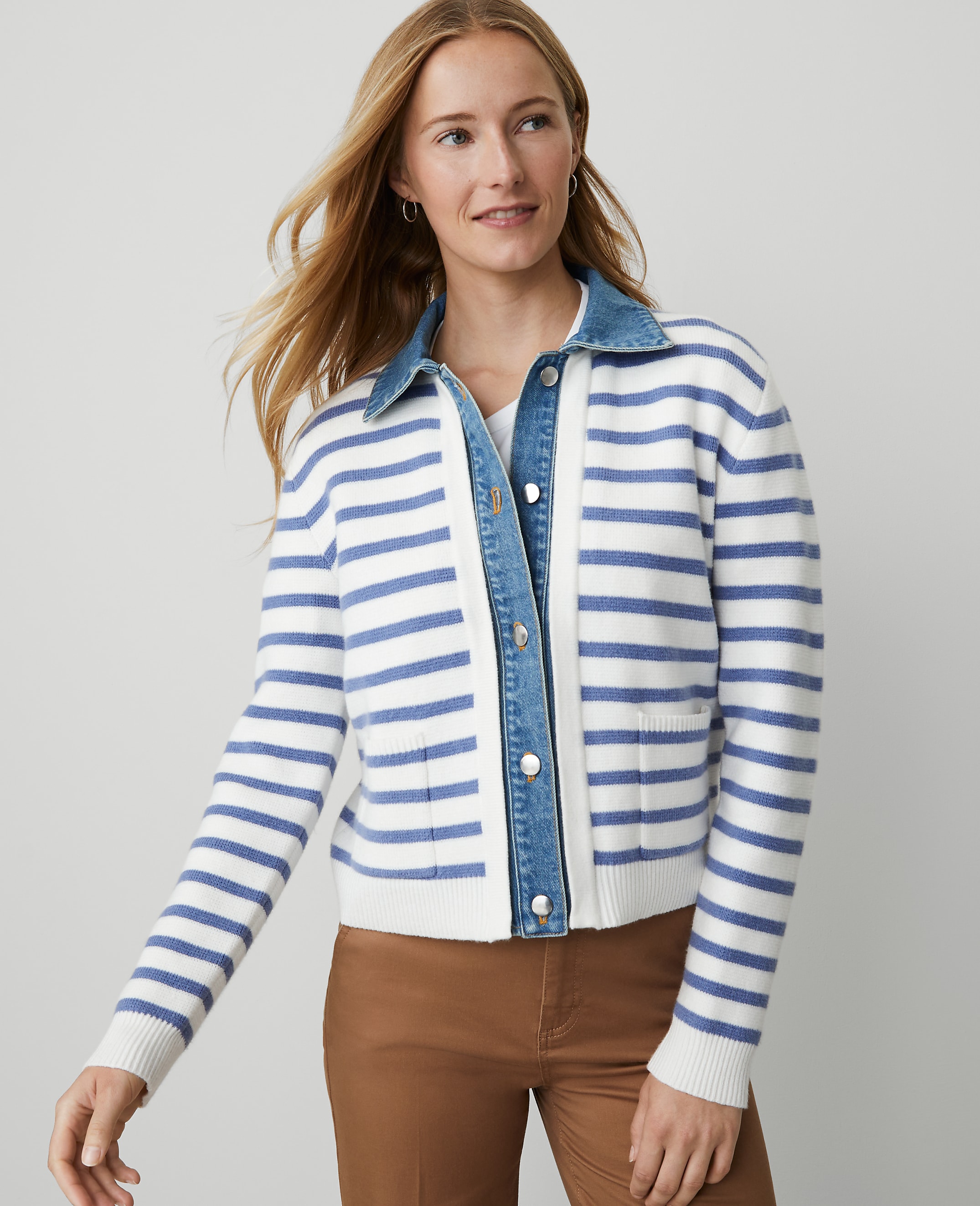 Petite Weekend Collection Striped Denim Sweater Jacket