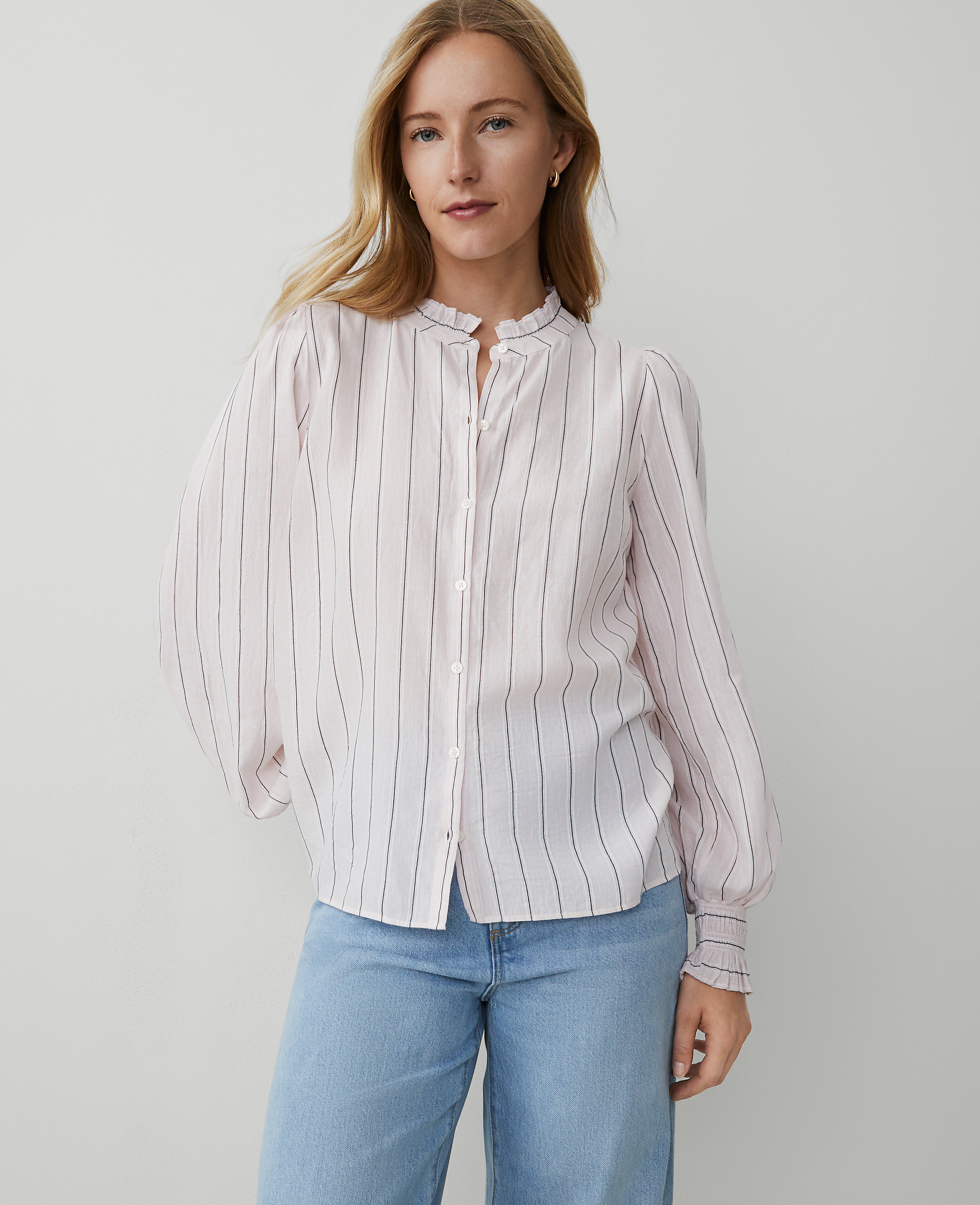 Striped Cutout Smocked Cuff Blouse