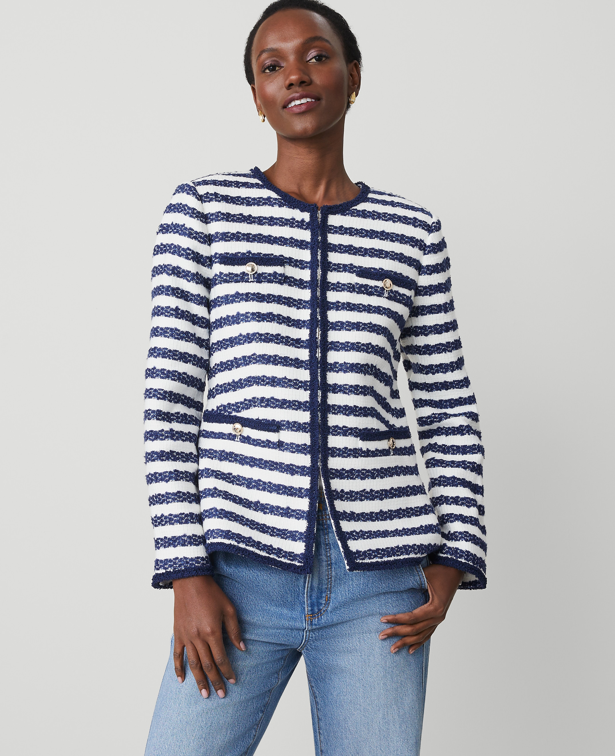 Petite Striped Boucle Tweed Fitted Jacket