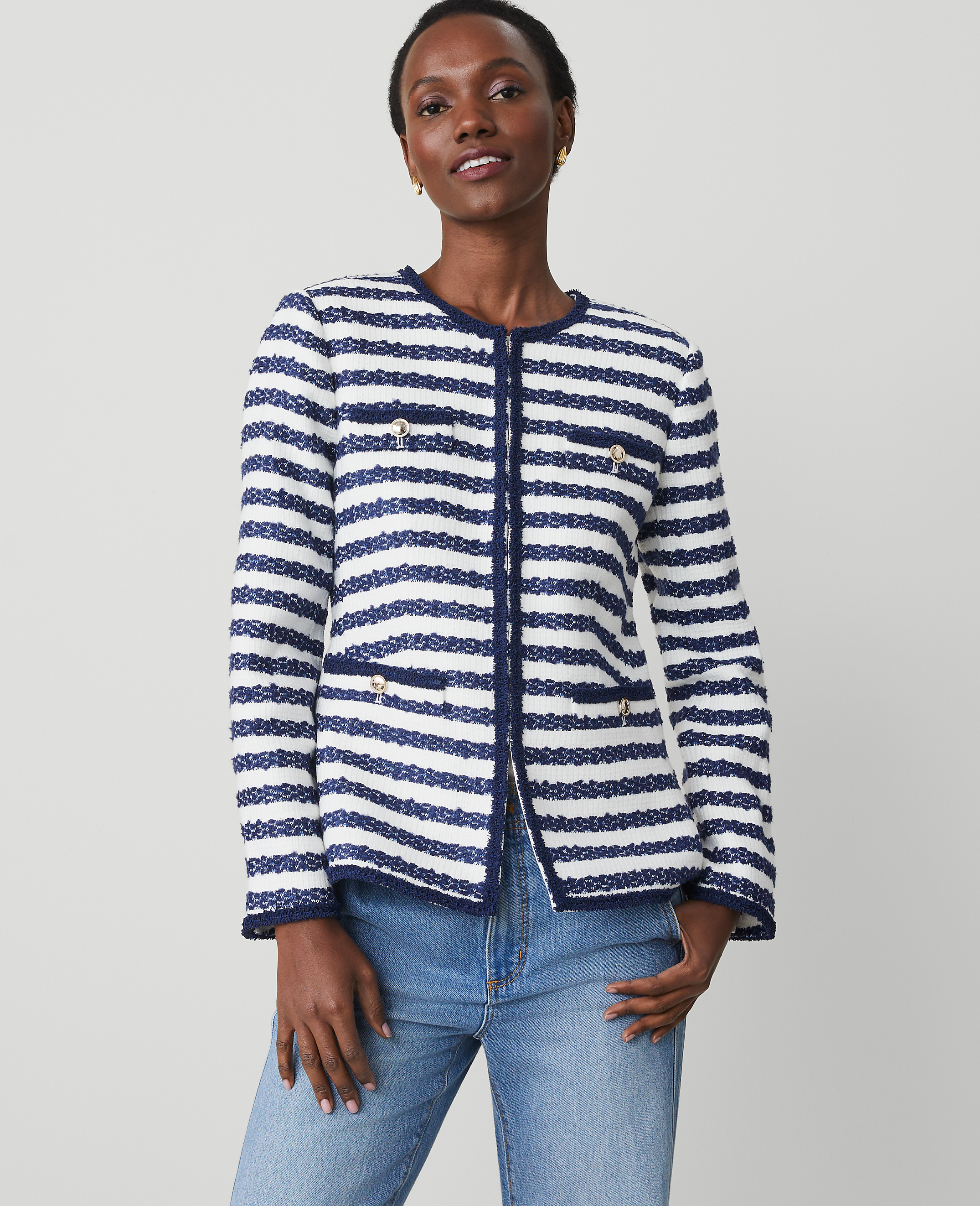 Striped Boucl&eacute; Tweed Fitted Jacket