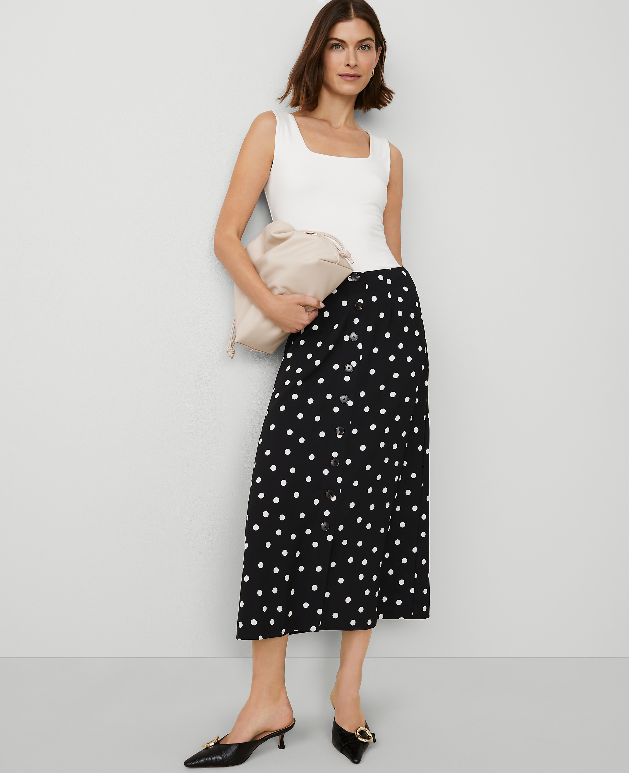 Dotted Crepe Button Midi Skirt