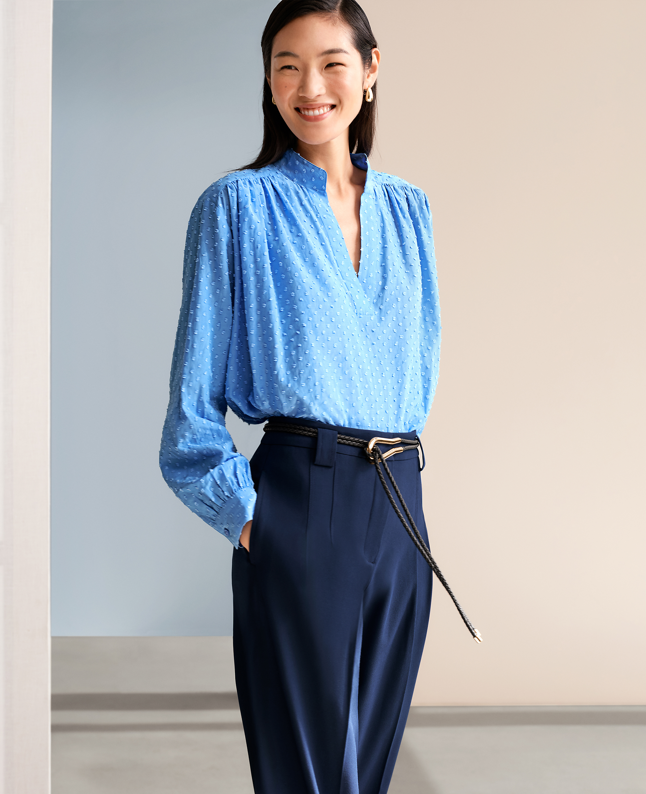 Tall Clip Collared V-Neck Blouson Popover