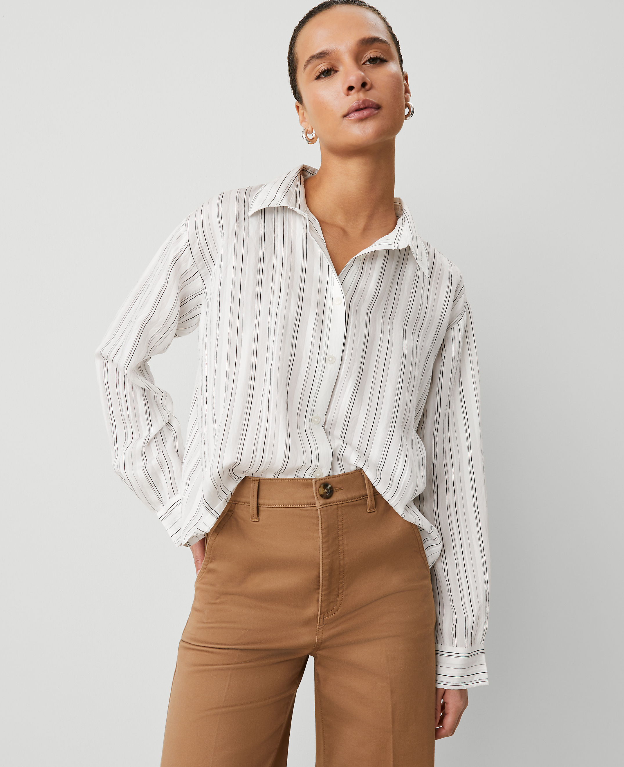 Petite Weekend Collection Striped Drop Shoulder Shirt