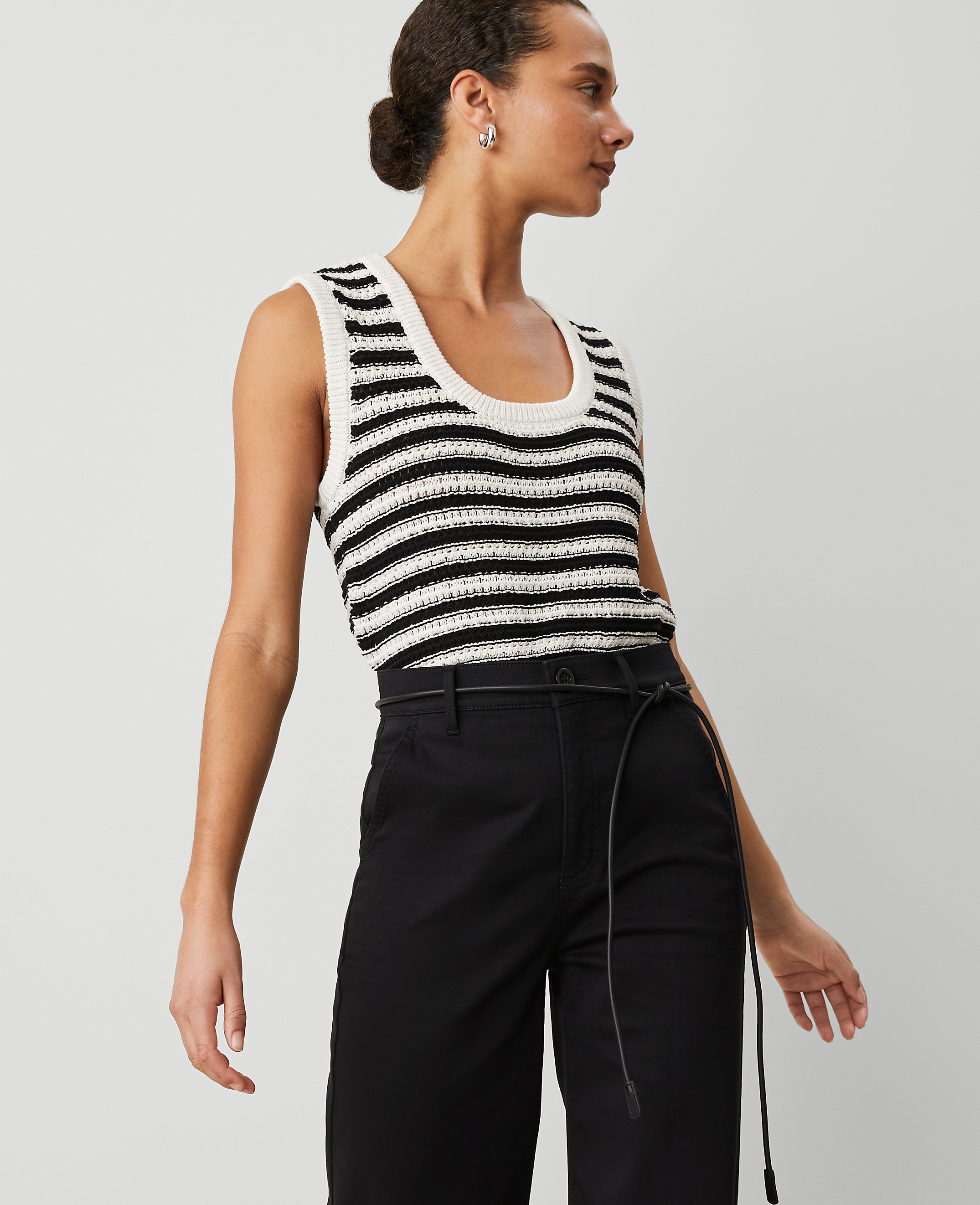 Petite Weekend Collection Striped Open-Stitch Sweater Shell