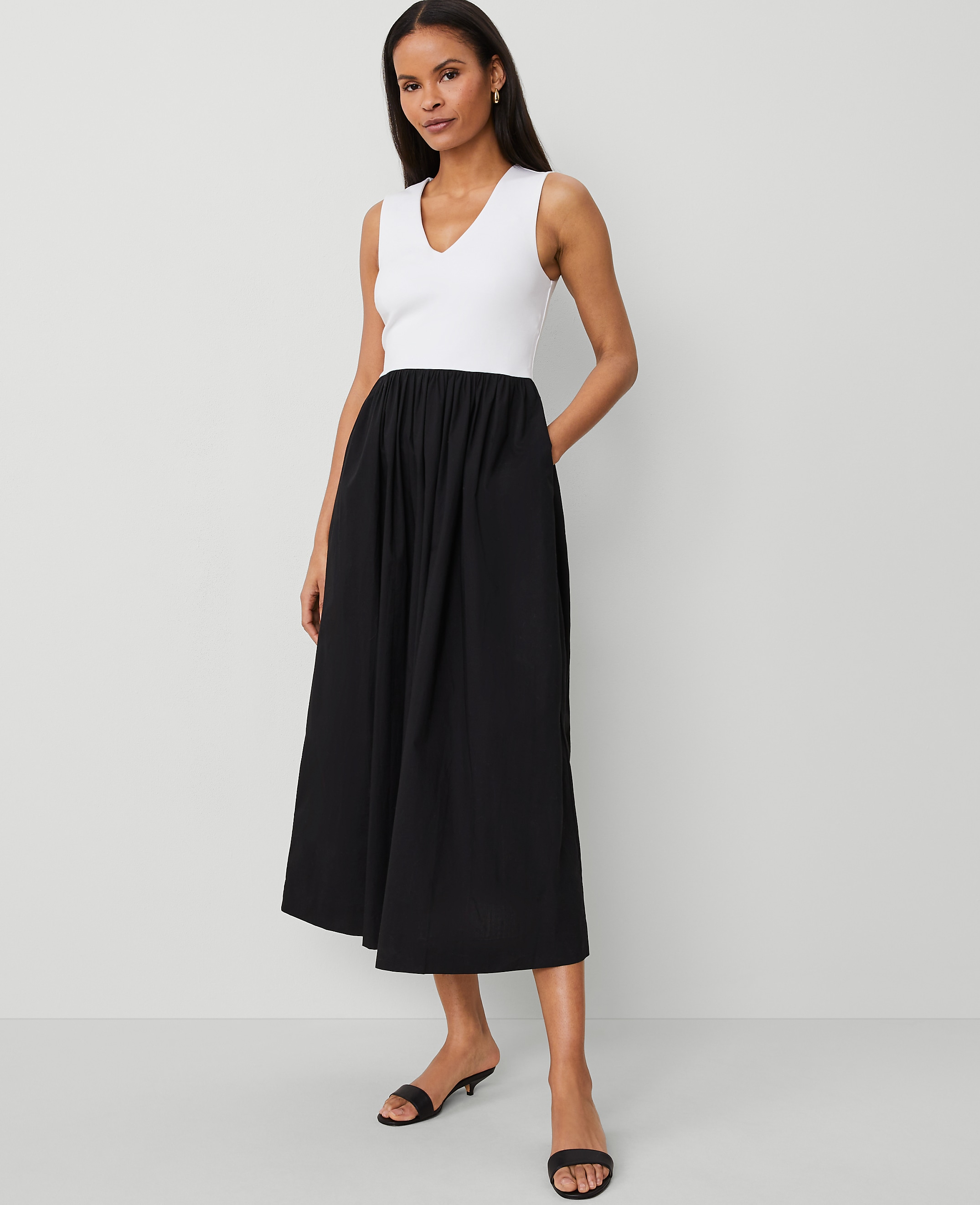 V-Neck Mixed Media Flare Dress