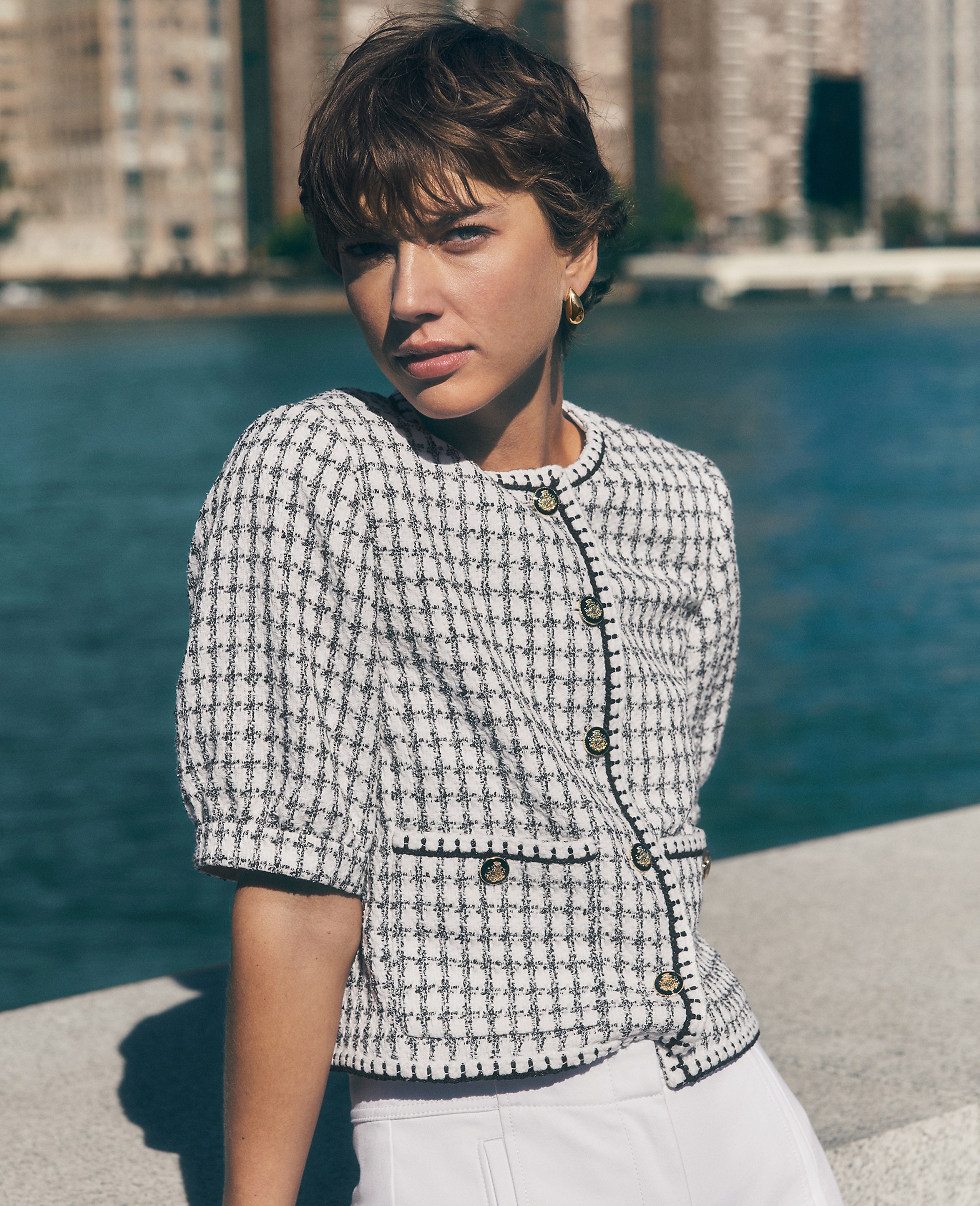 Petite Gingham Tweed Puff Sleeve Jacket