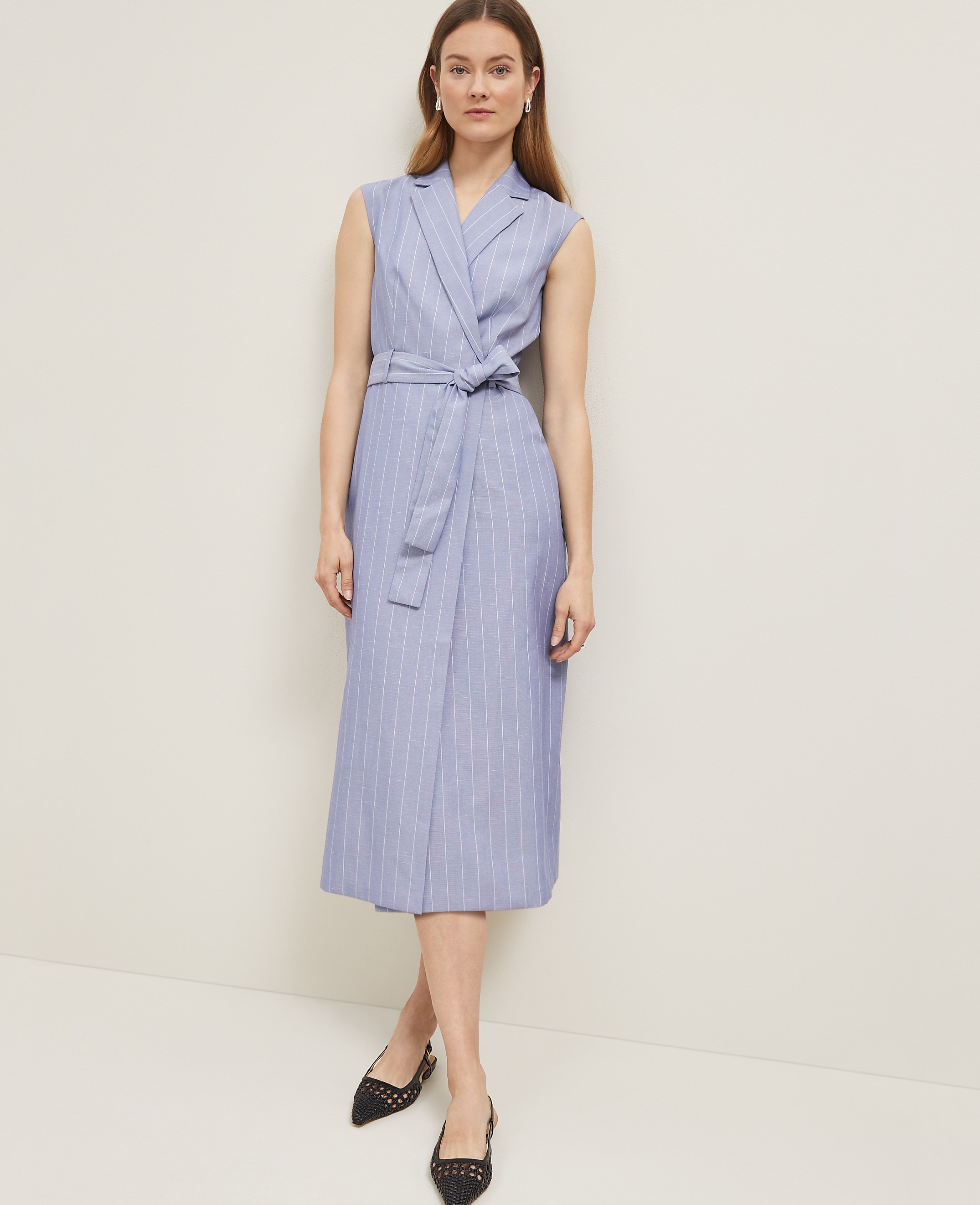 The Belted Blazer Wrap Dress in Pinstripe