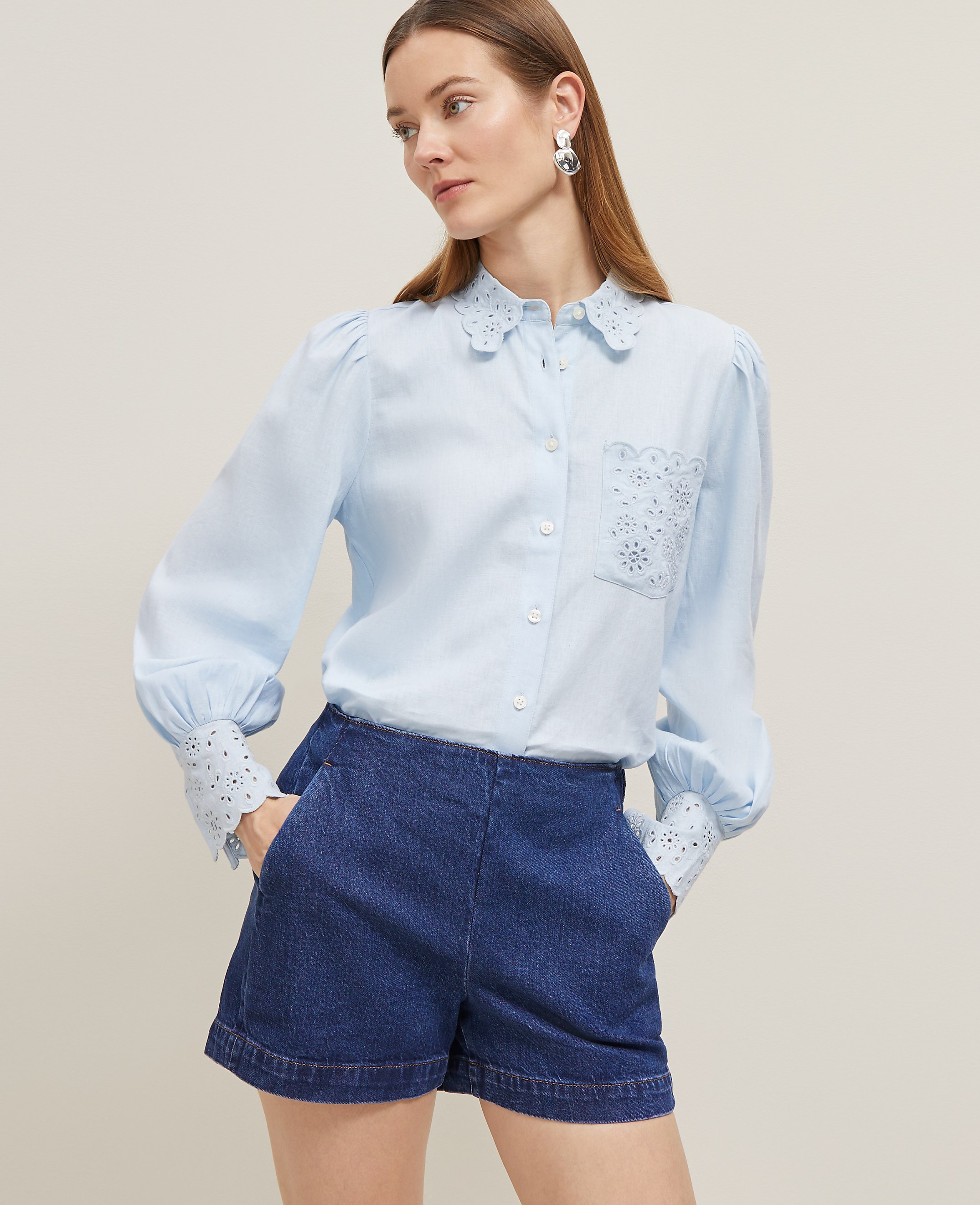 Embroidered Linen Blend Pocket Shirt